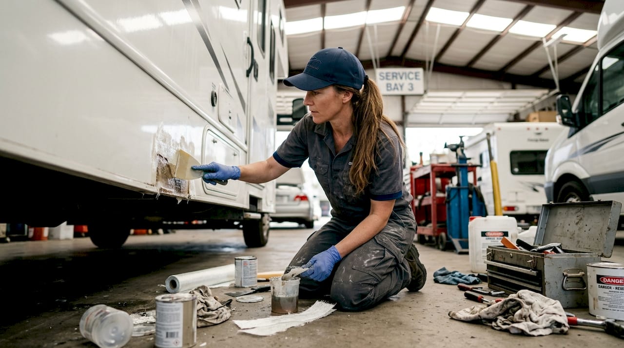 Technician repairing RV fiberglass on garage floor