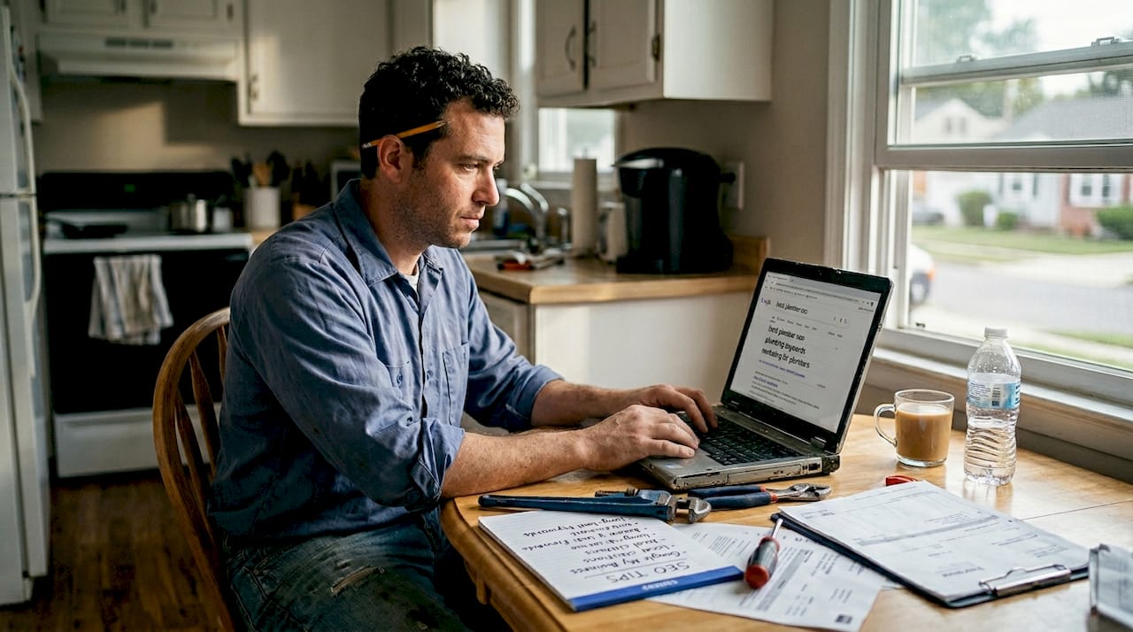 Plumber researching local SEO keywords