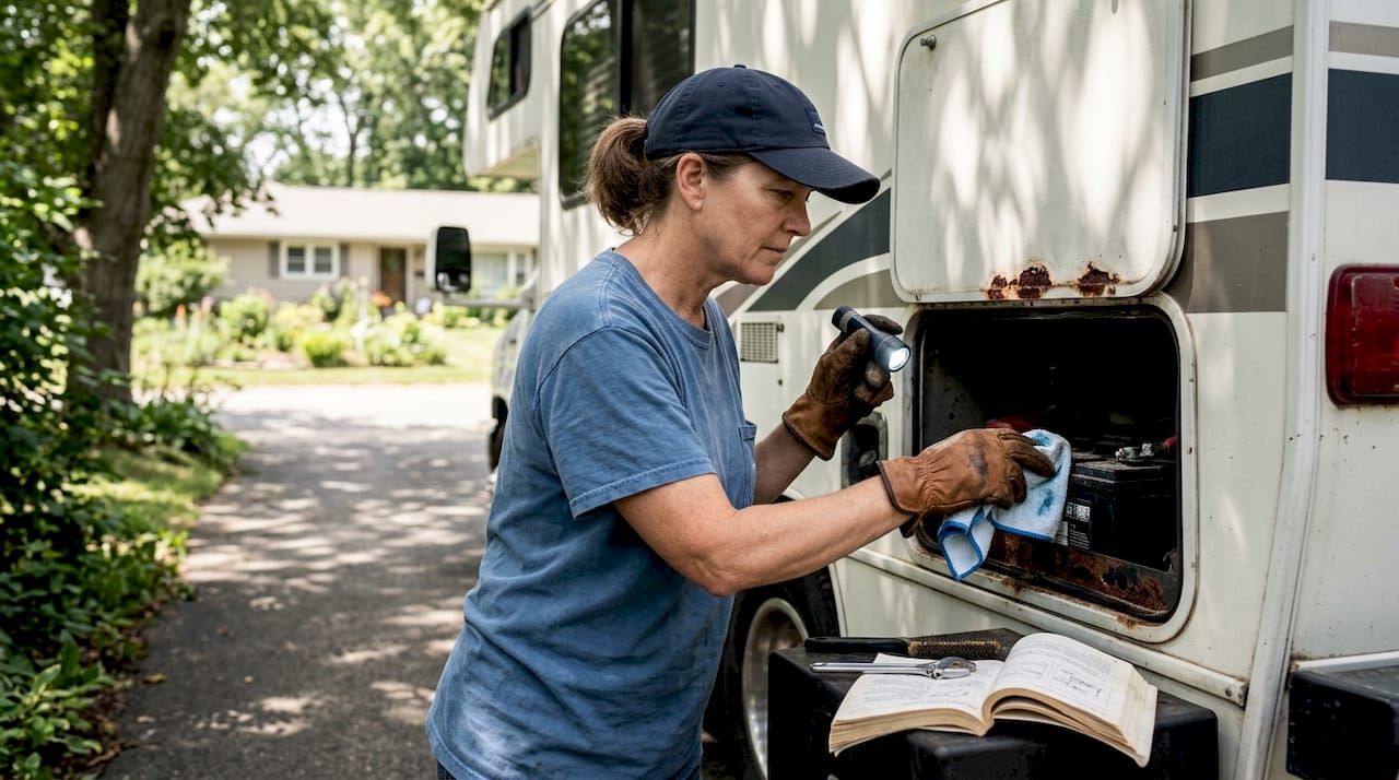 Owner examining RV battery connections