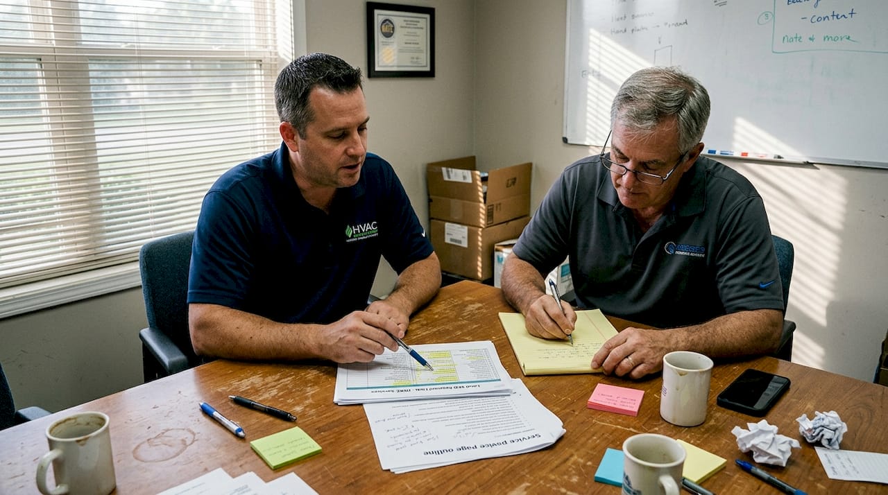 Business owners reviewing SEO keyword lists
