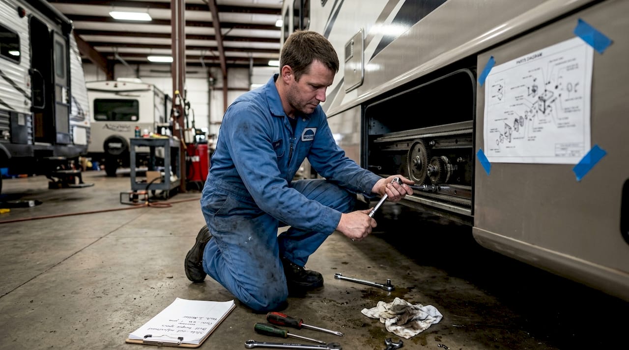 Technician repairing RV slide-out gears