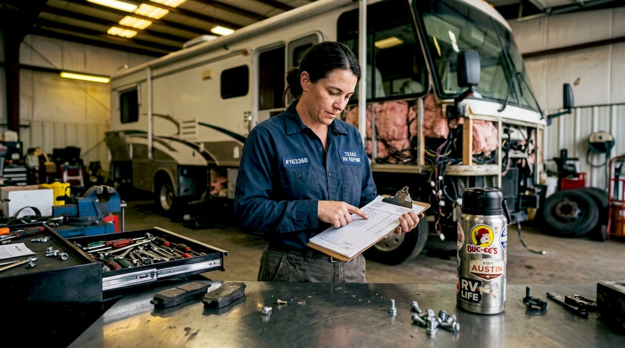 Repair technician reviews estimate at shop workbench