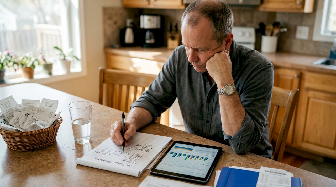 Man budgeting for local ad campaigns at kitchen counter