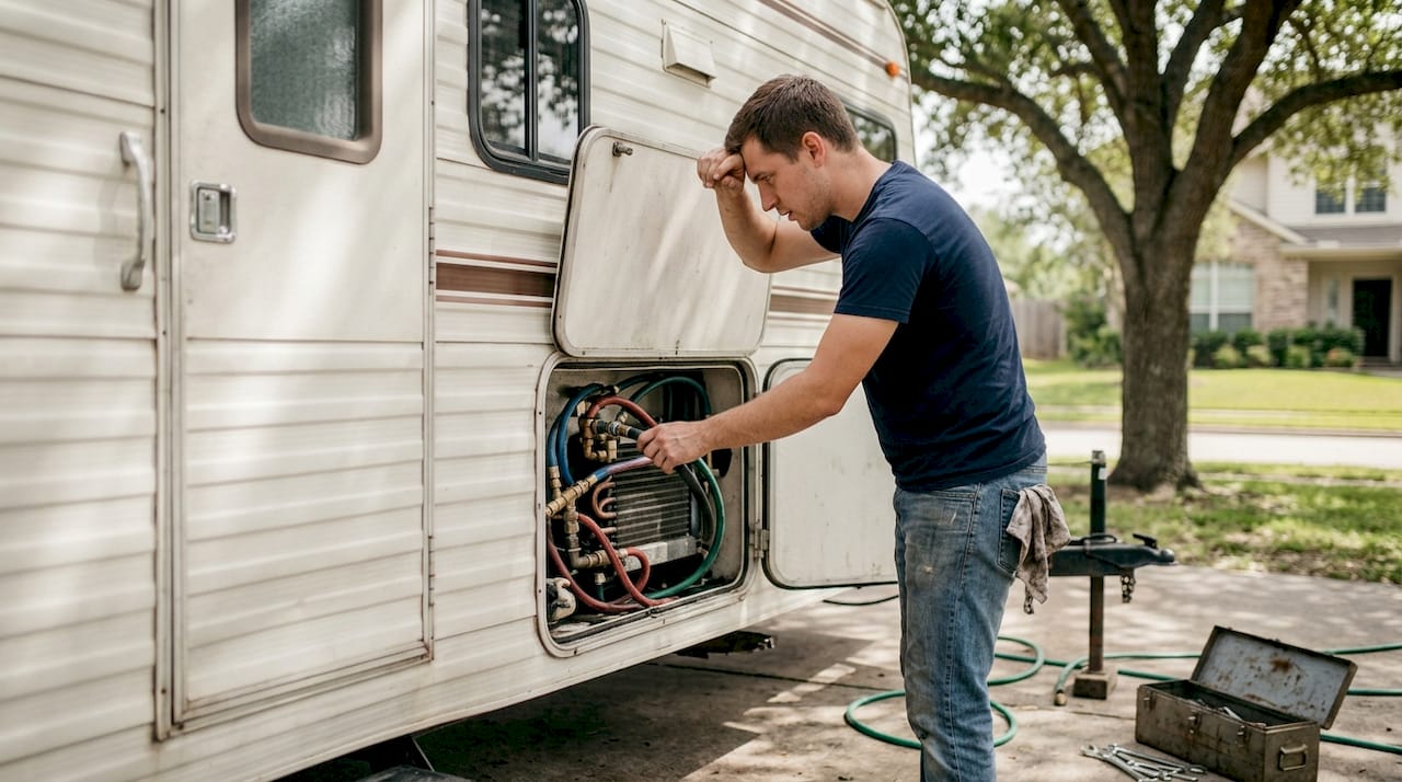 Owner inspecting overheated RV engine in driveway