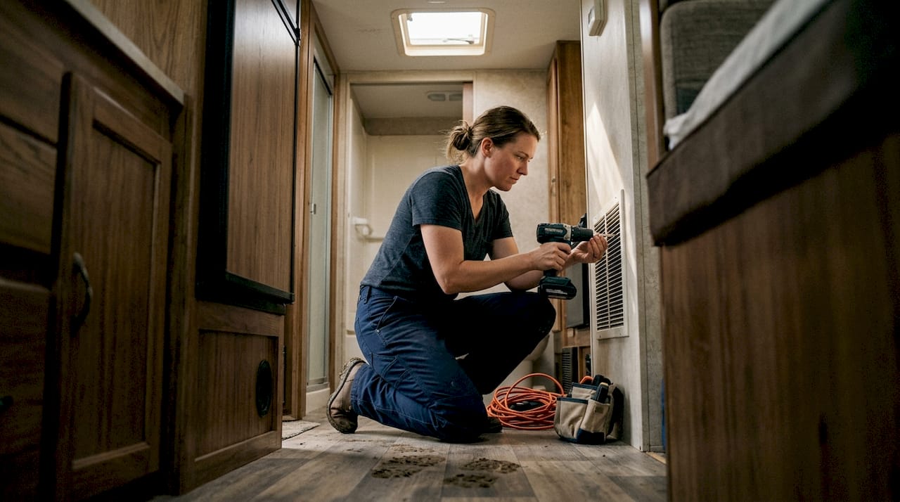 Technician repairing AC vent inside RV