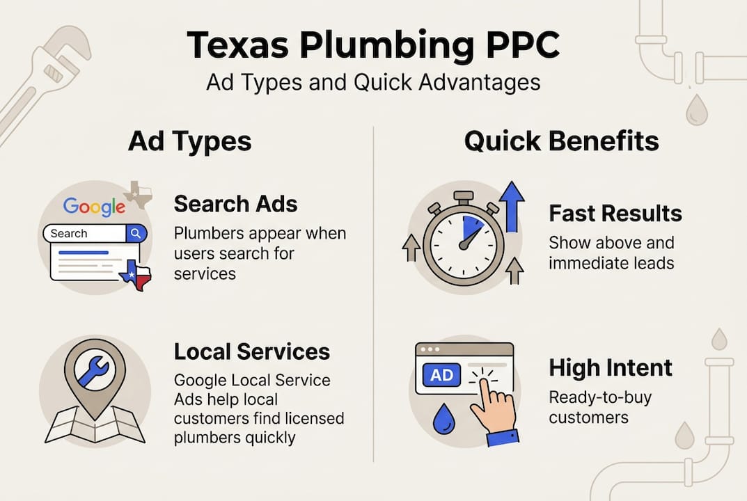 Infographic summarizing PPC ad types and benefits