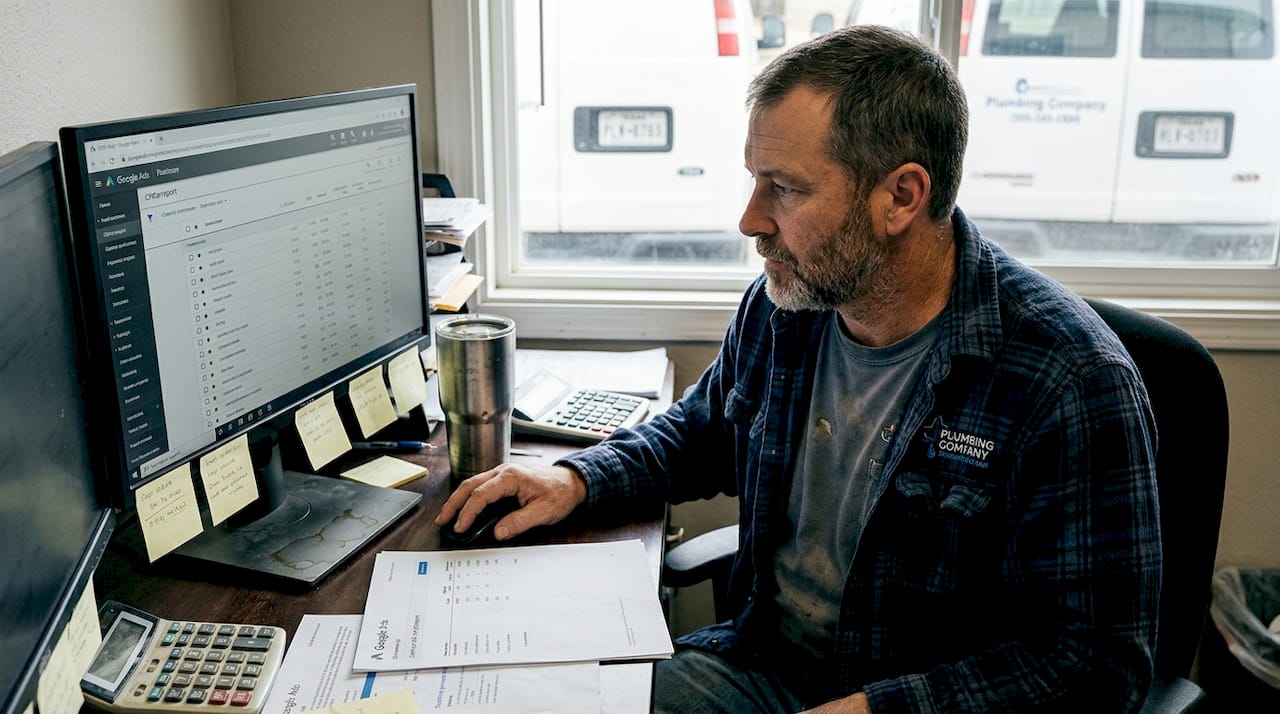 Owner reviewing PPC cost report in office
