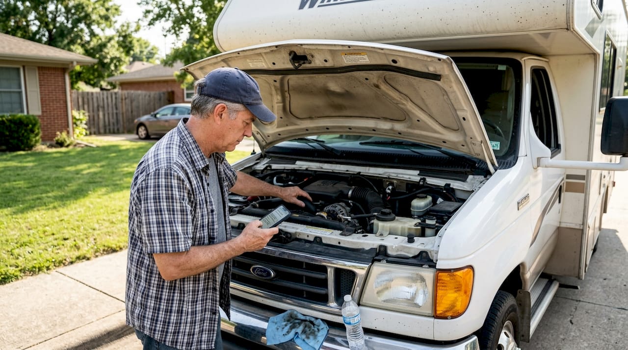 RV owner checking motorhome engine and hoses
