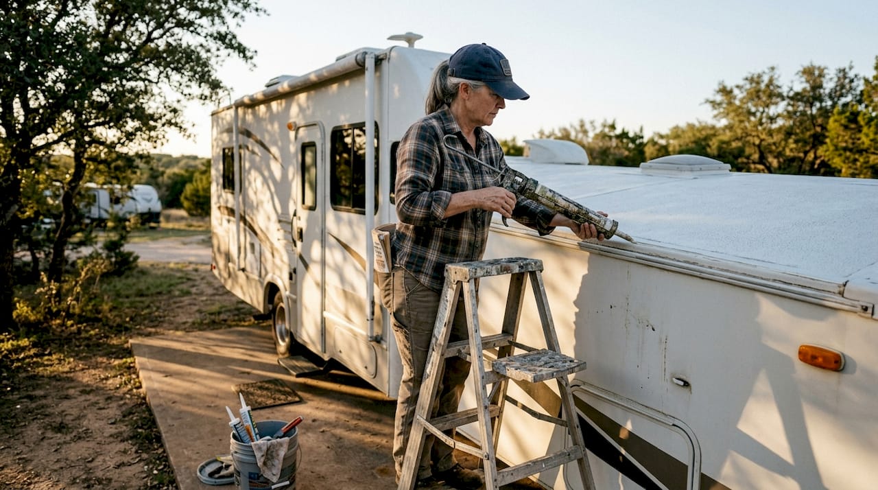 Camper sealing roof seam with caulk gun
