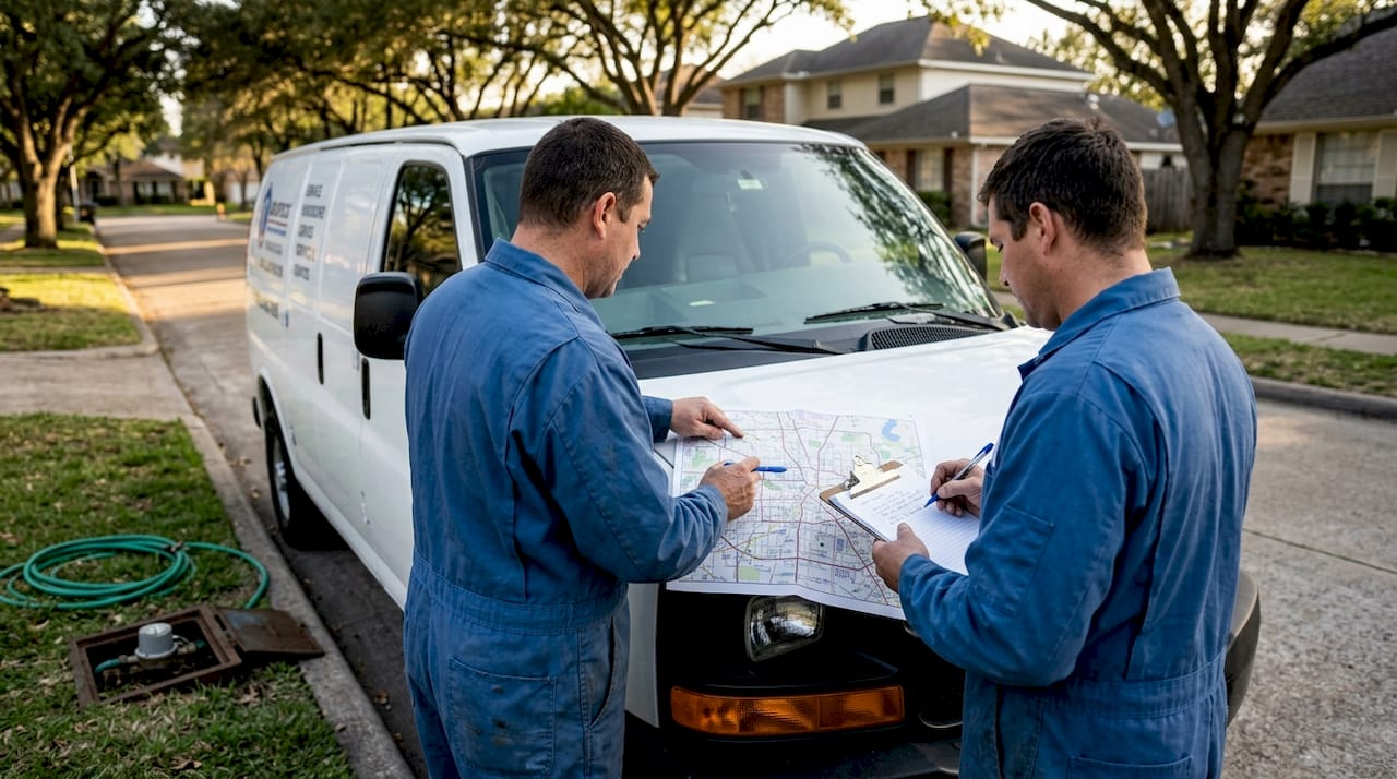 Plumbers checking map at Houston job site