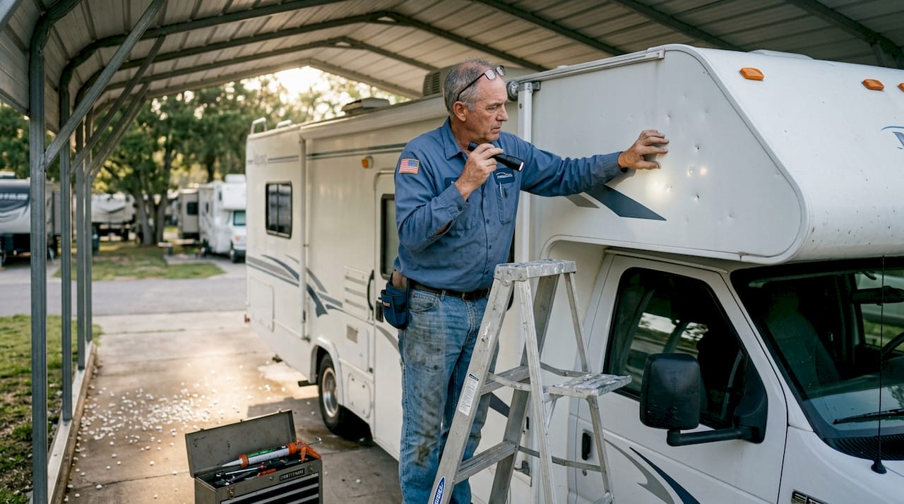 Technician inspecting RV hail damage