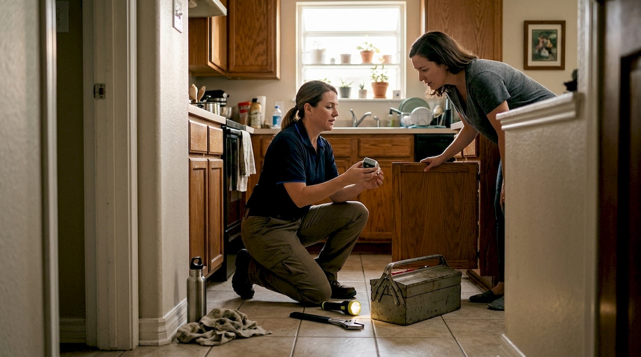 Plumber demonstrates smart leak sensor under sink