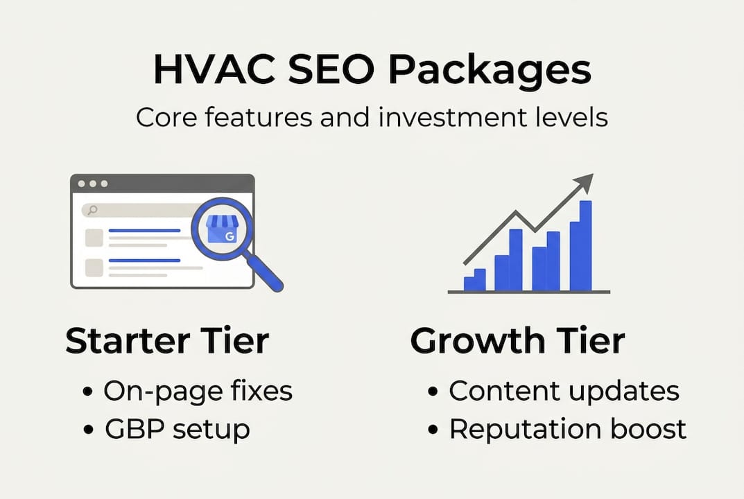 Infographic of HVAC SEO package tiers and deliverables