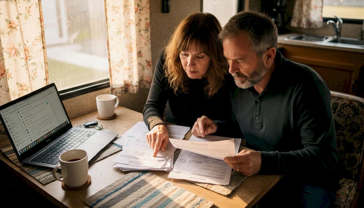 Couple reviewing RV repair invoices at table