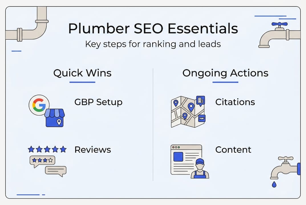 Infographic plumber SEO essentials, quick wins, ongoing actions