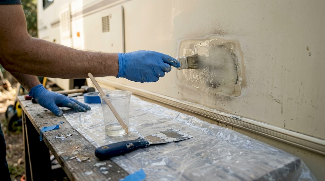 Hands applying resin on RV fiberglass repair