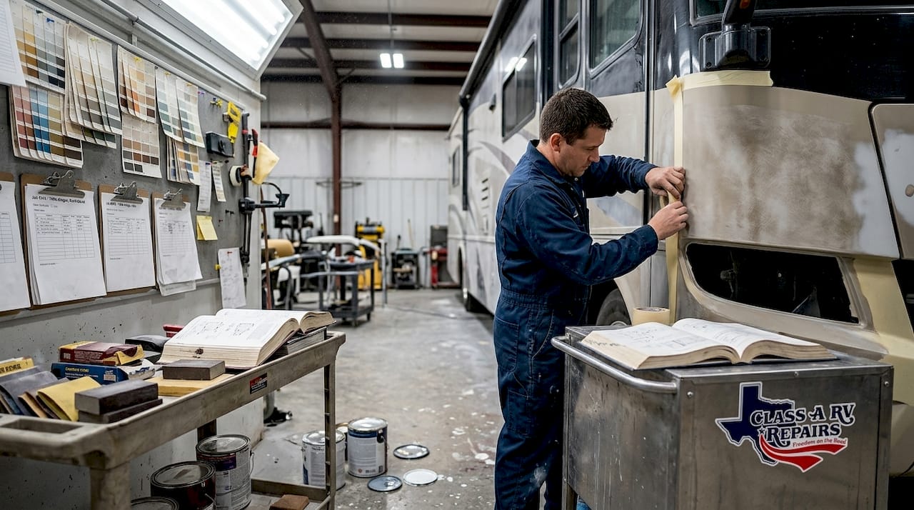 Technician prepping RV for pro paint repair