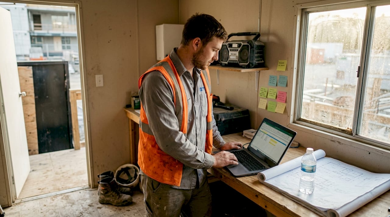 Plumber uses laptop for scheduling automation