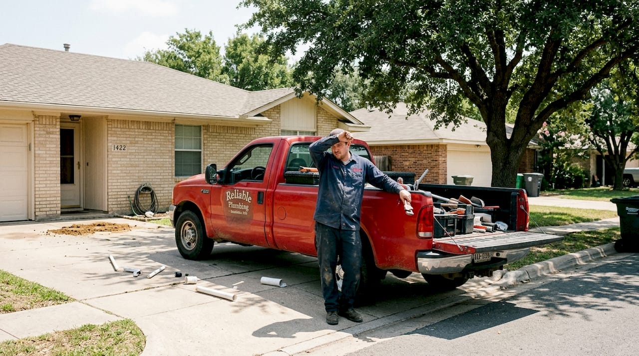 Plumber loading tools at Texas job site