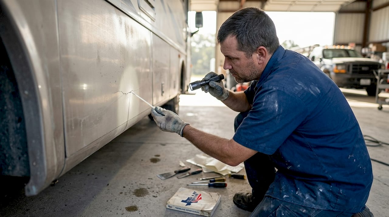 Technician examines RV fiberglass crack up close