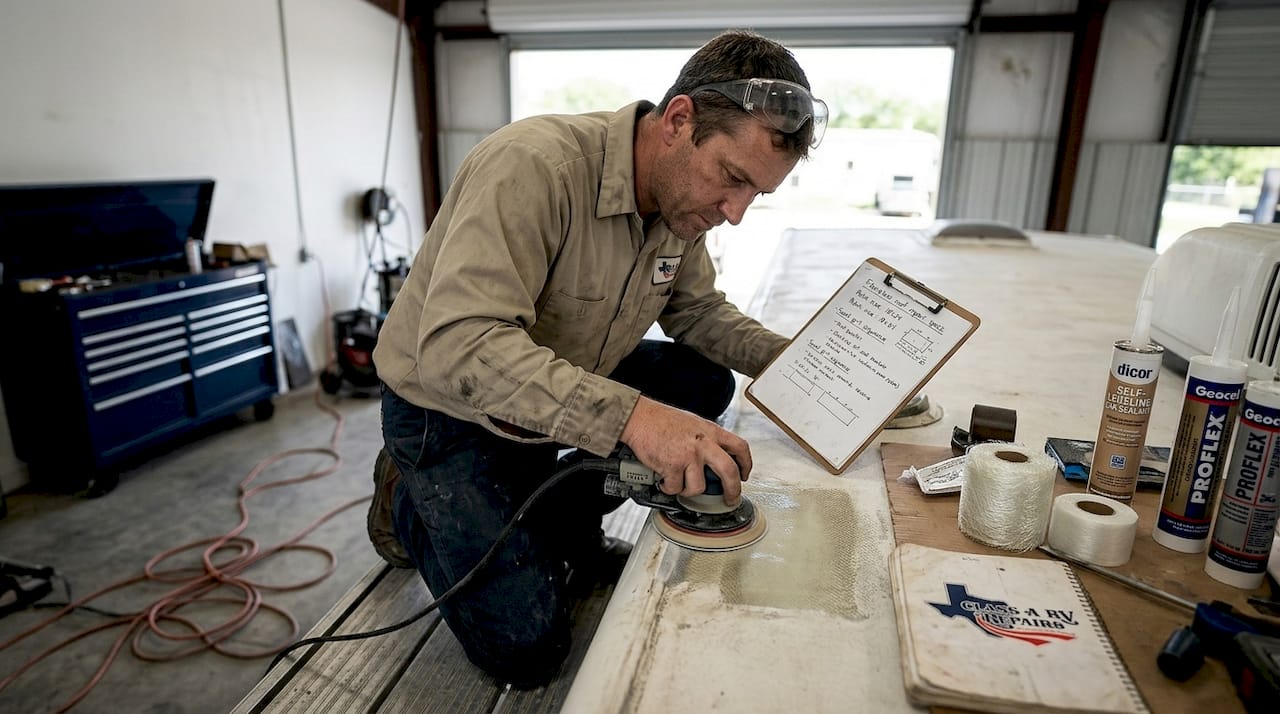 Technician sanding fiberglass RV roof repair