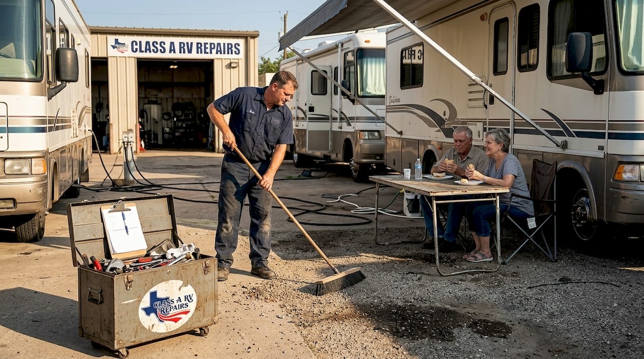 Technician working near RVs at repair campground