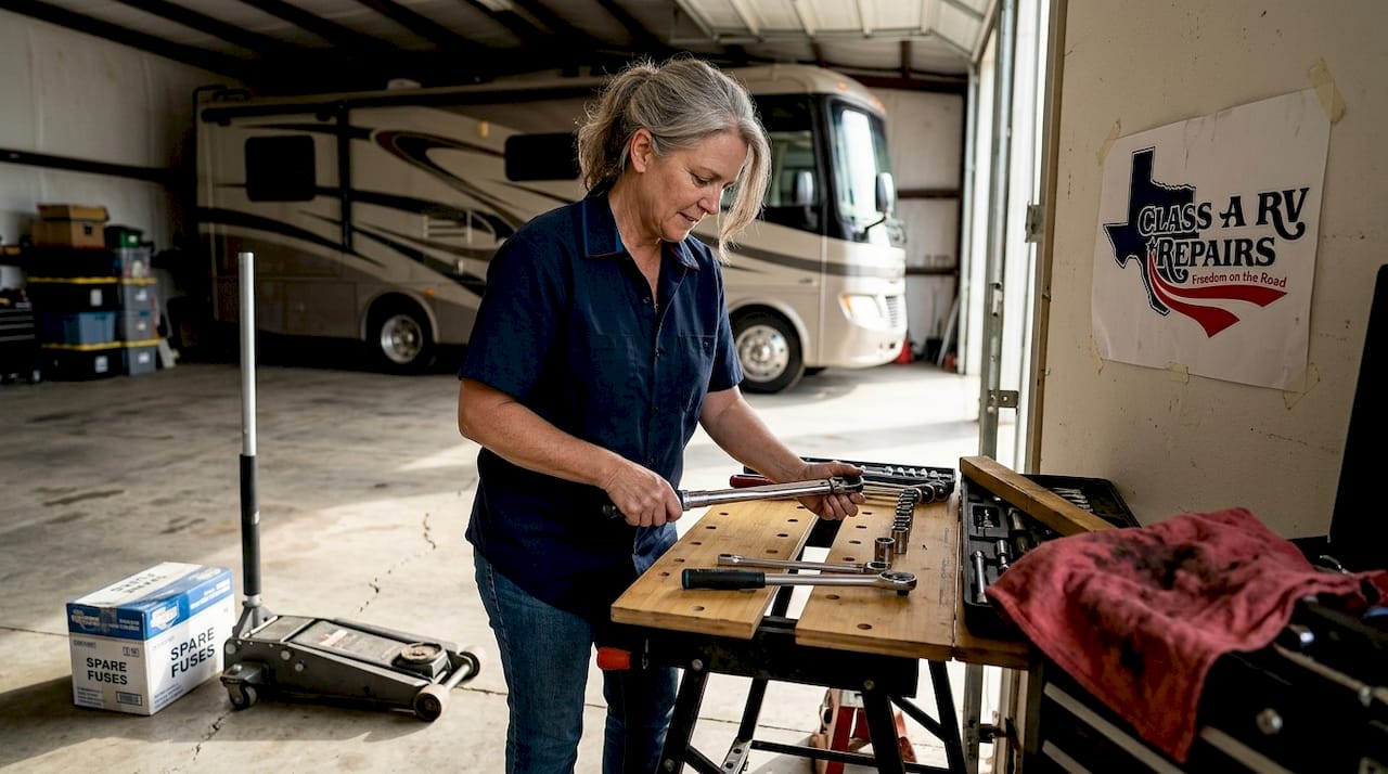 Woman organizing RV tools garage