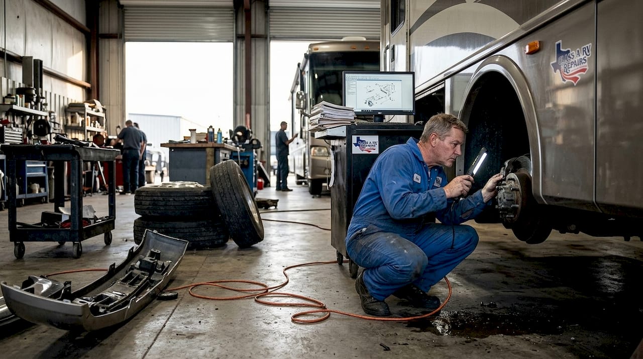 Mechanic inspecting RV undercarriage in repair shop