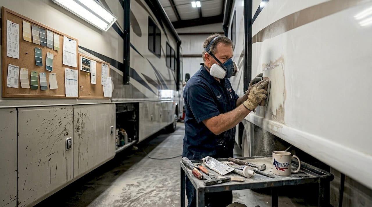Technician sanding RV fiberglass panel