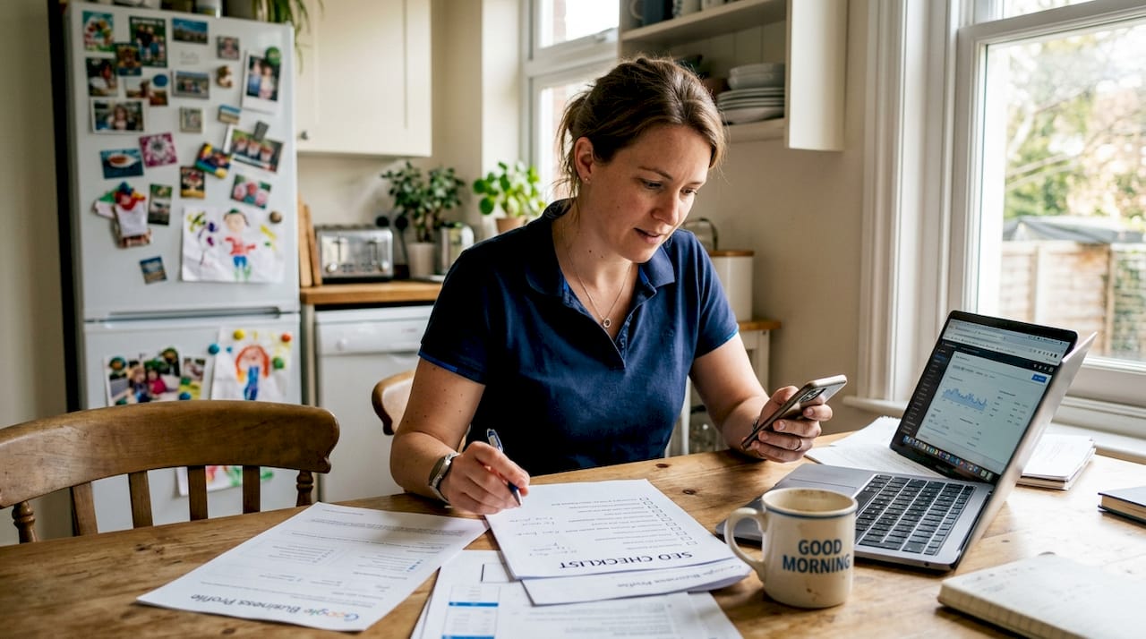 Business owner reviewing SEO checklist at home