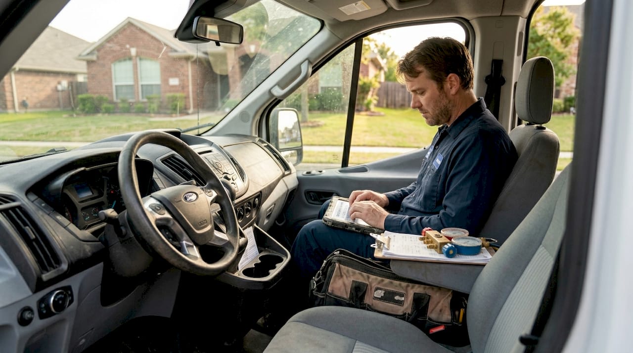 HVAC technician creating a Google Post in van