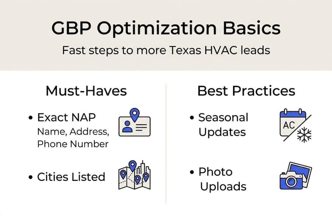 Infographic showing GBP optimization essentials for HVAC