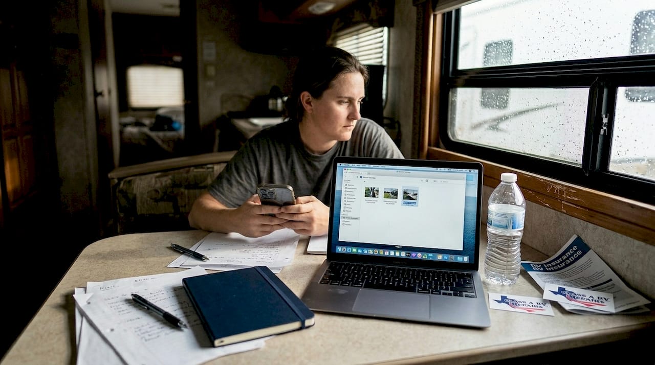 Person documents RV storm damage indoors