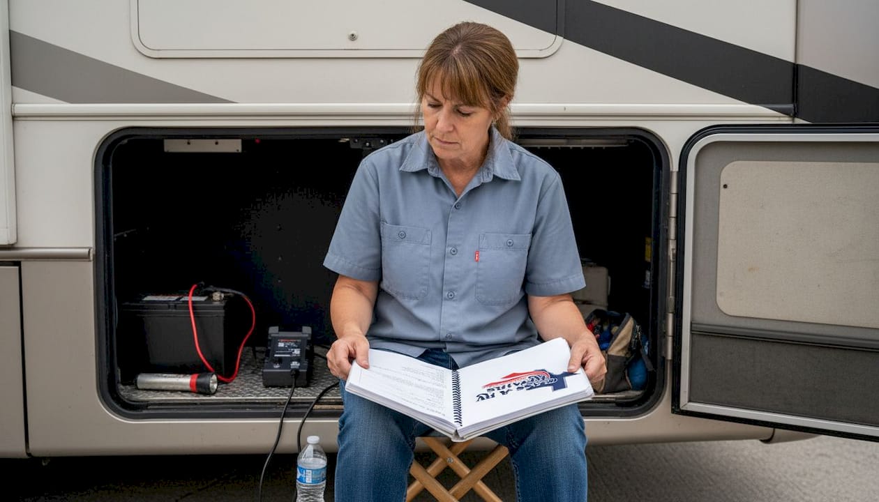 Woman troubleshooting RV battery in storage bay
