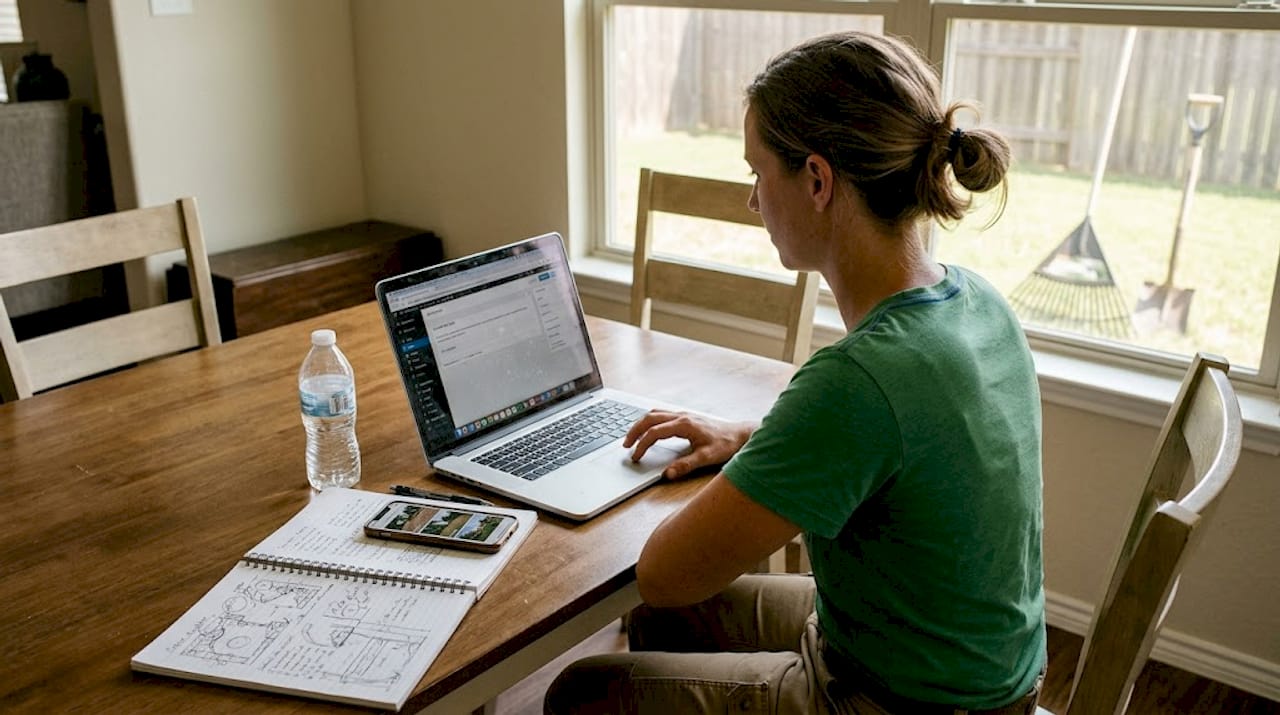 Landscaper updating business website at home