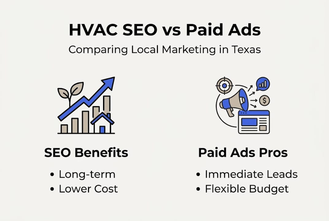 Infographic comparing HVAC SEO and paid ads benefits