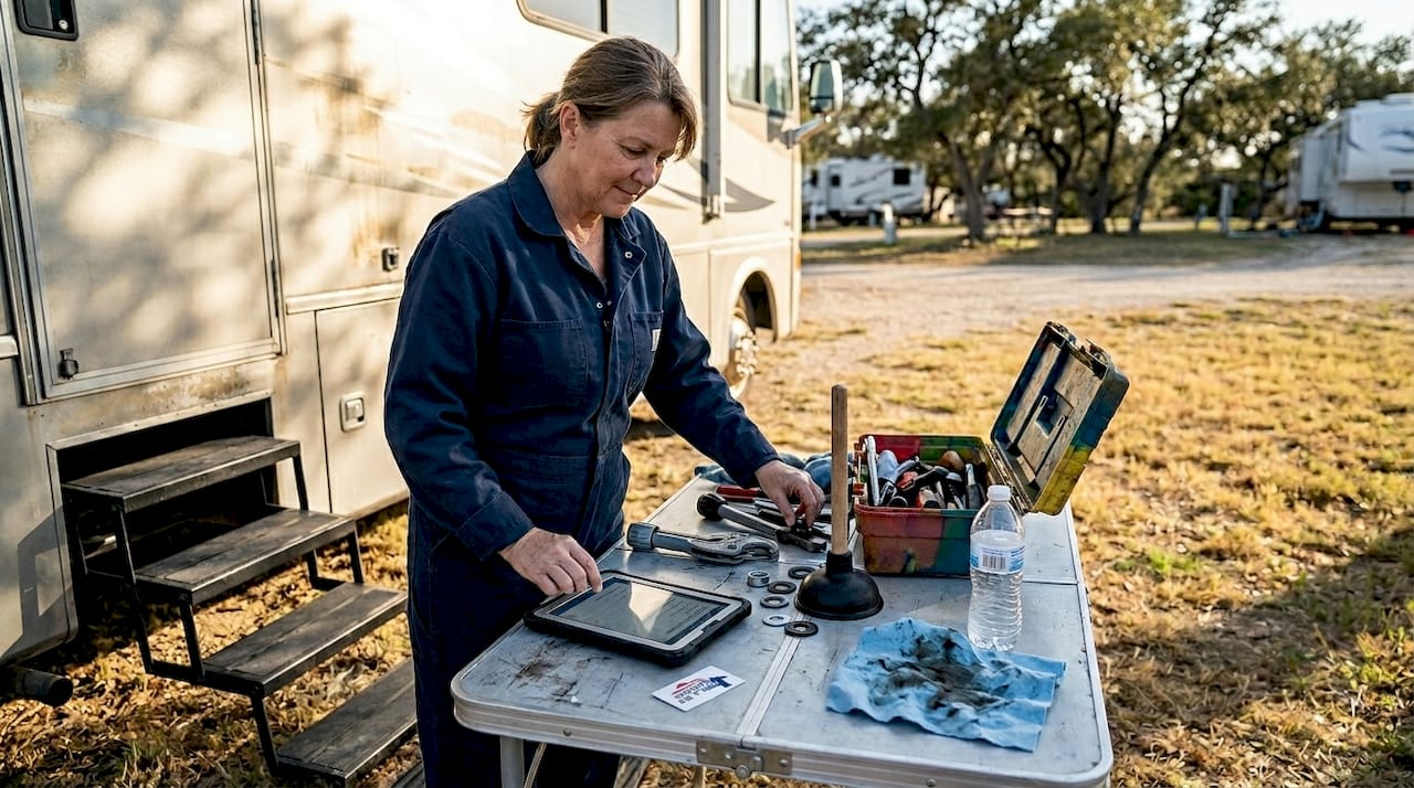 Woman organizing RV plumbing repair tools