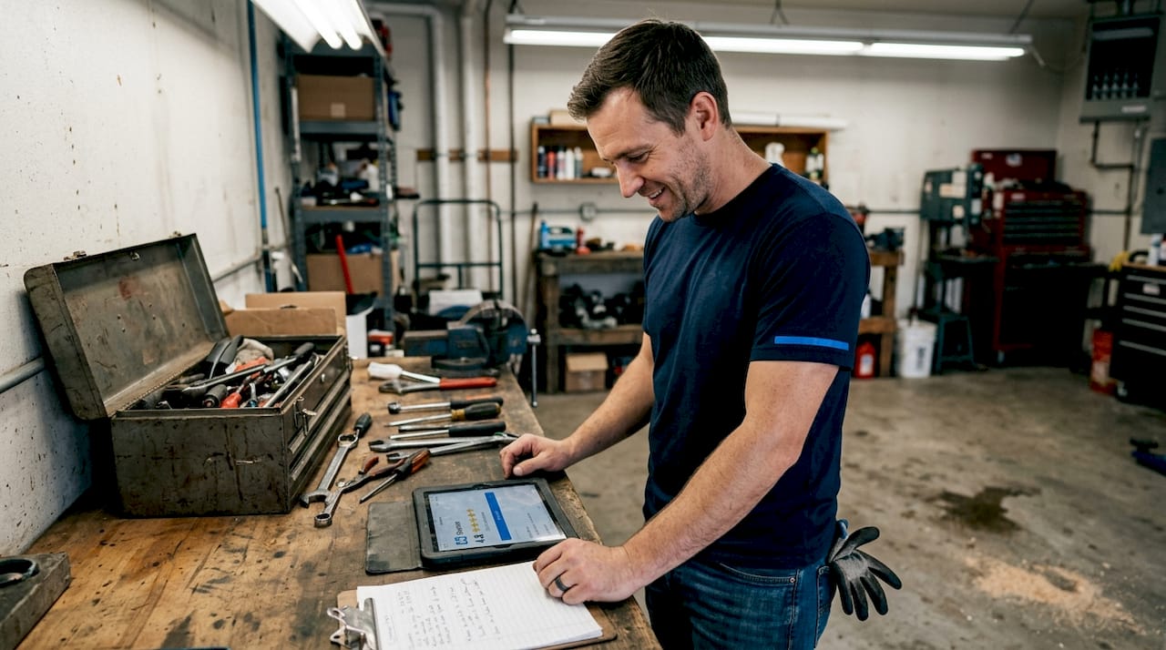 Plumber reviewing Google customer ratings