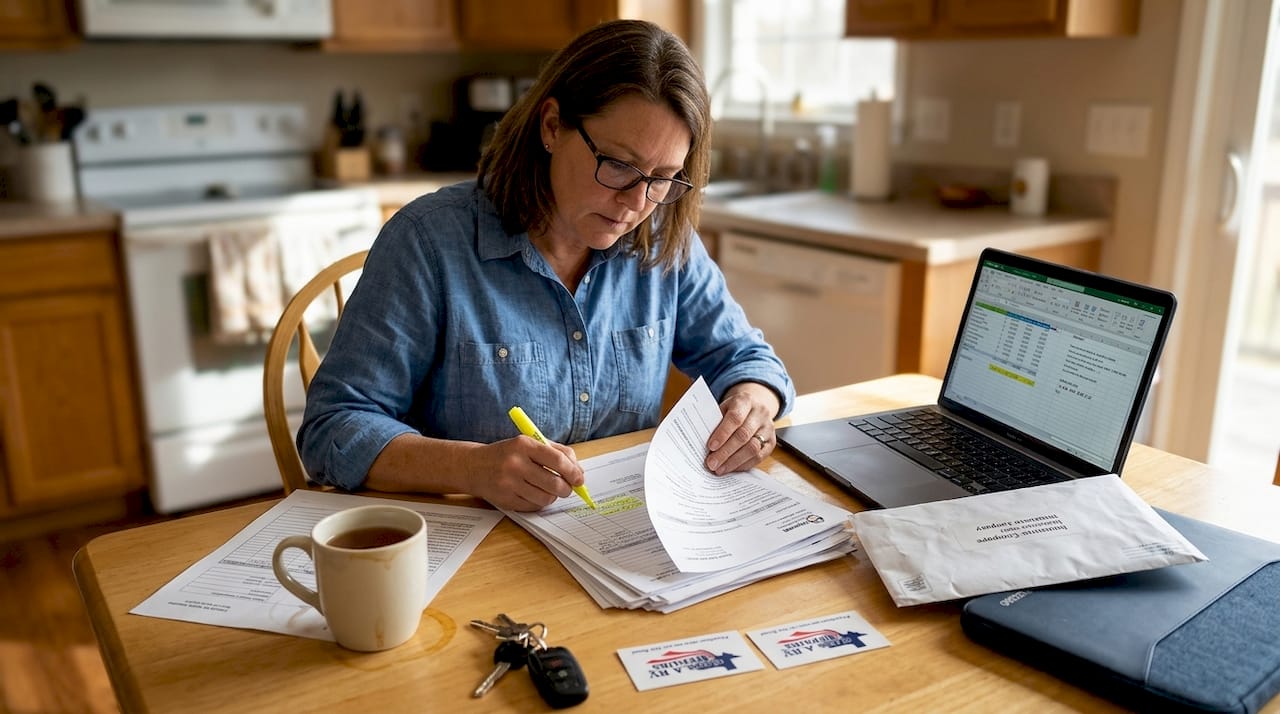 Woman preparing RV insurance paperwork at table
