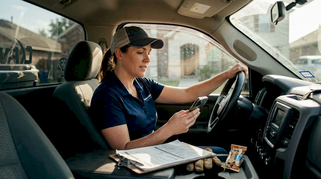 Plumber checking online reviews in pickup truck