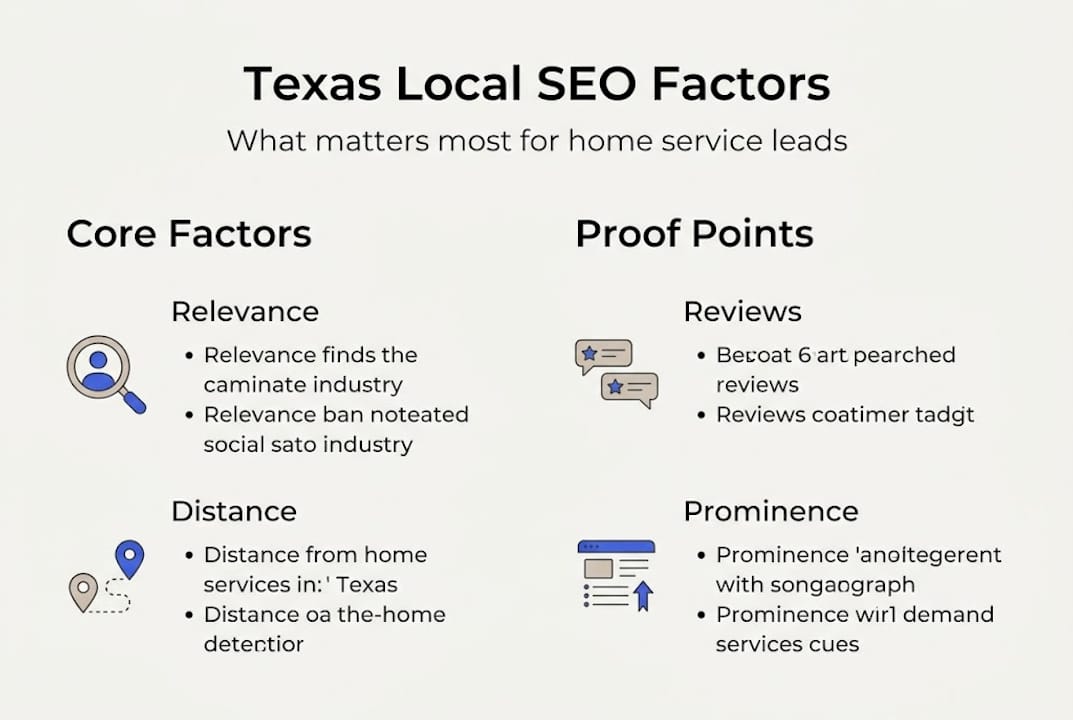Infographic showing key Texas local SEO ranking factors