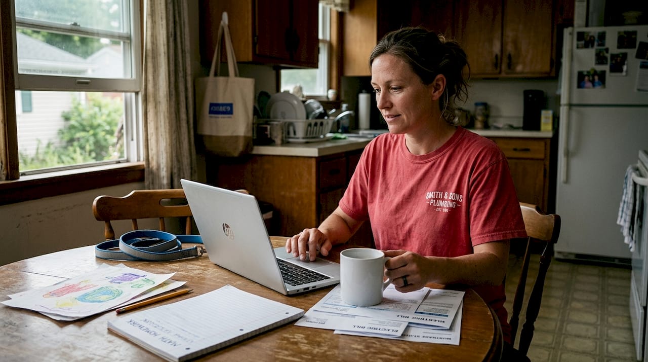 Plumber replies to reviews at kitchen table