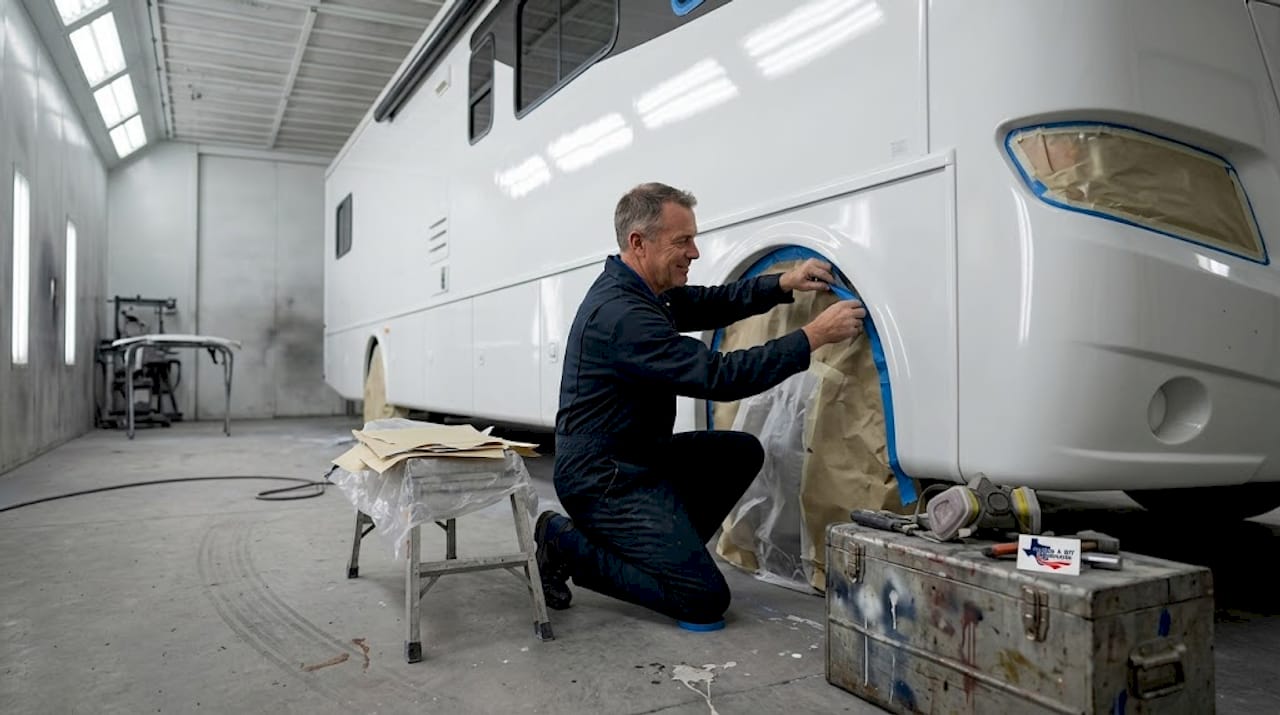 Technician preparing RV for paint repair
