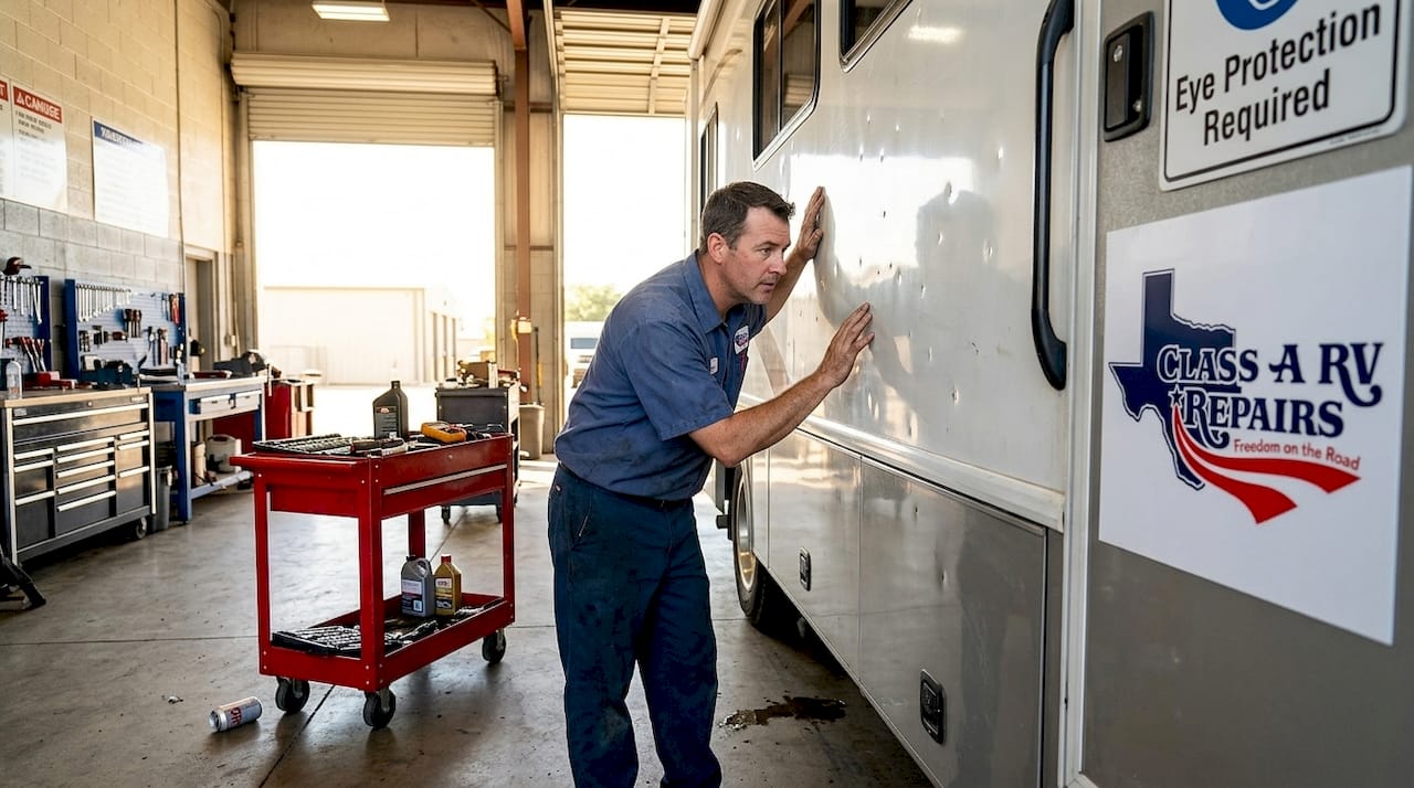 Technician inspecting hail-damaged RV in repair bay