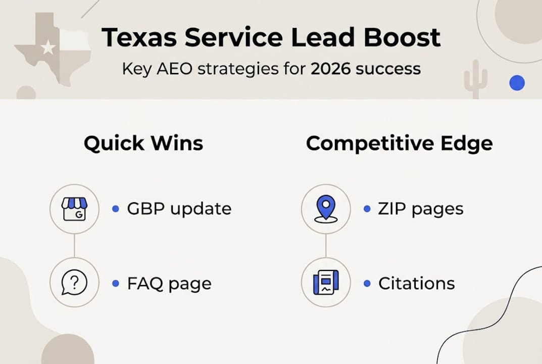 Infographic outlining Texas AEO lead strategies