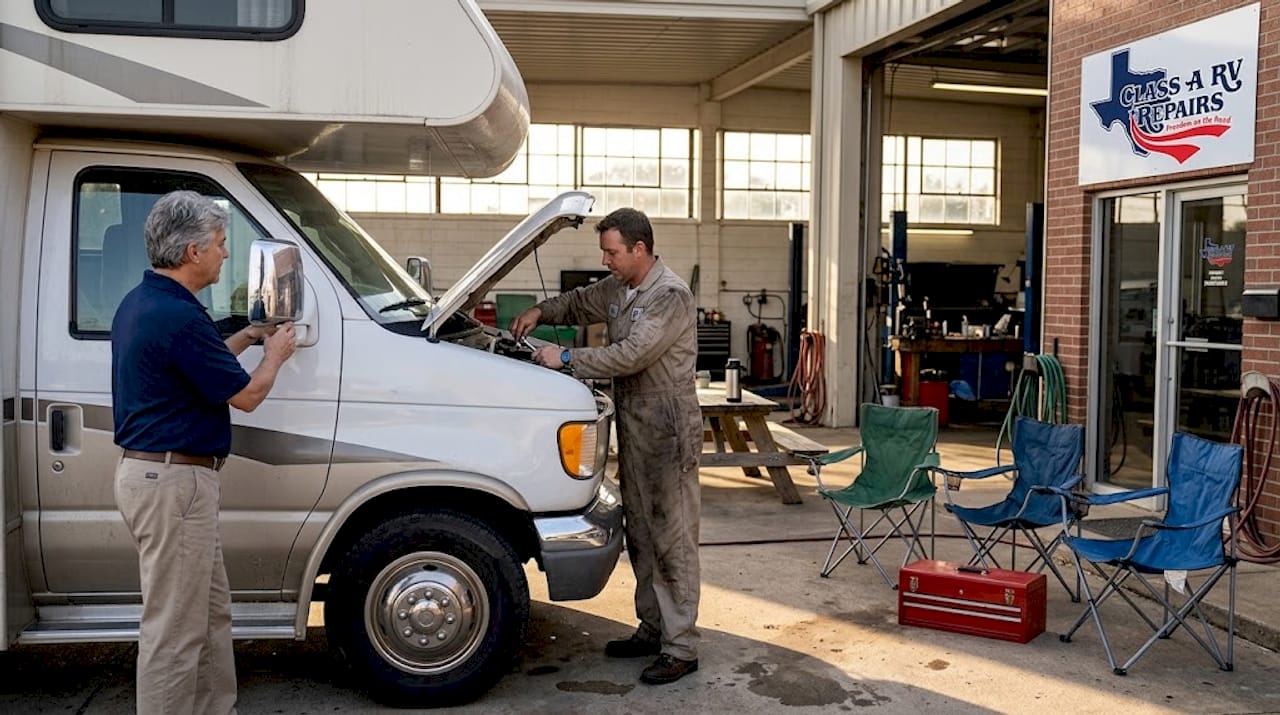 Owner monitoring repairs at RV bay