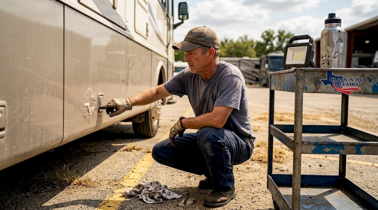 Technician inspects RV panel delamination