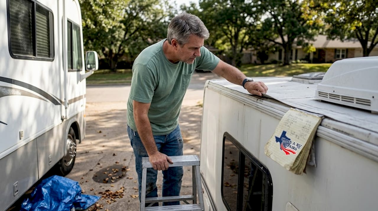 RV owner checking roof edge for damage