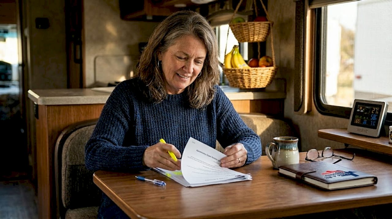 RV owner reviewing insurance documents inside