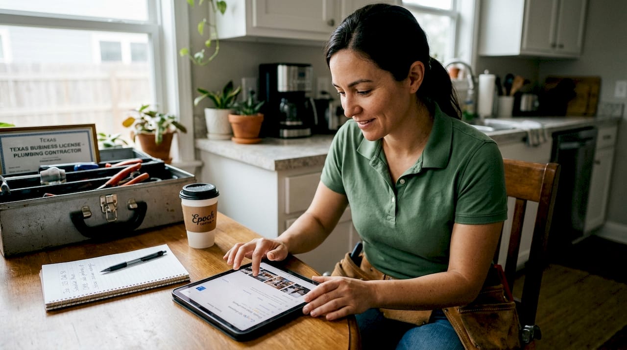 Plumber updating business profile at kitchen table